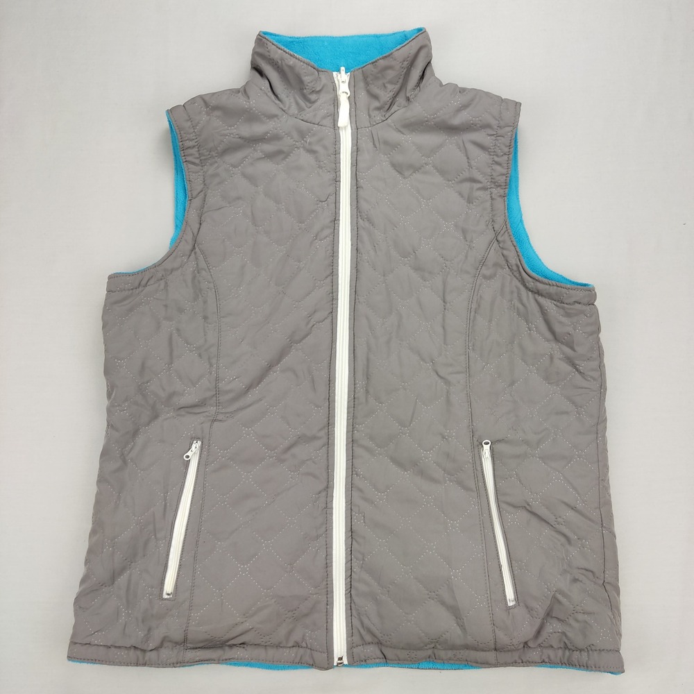 Unbranded Vest Women M Grey Blue Reversible Quilted Fleece Full Zip Sleeveless